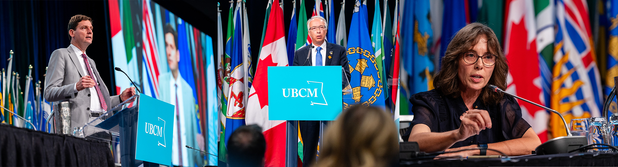 Collage photo showing David Eby, John Rustad and Sonia Furstenau speaking at UBCM Convention 2024.