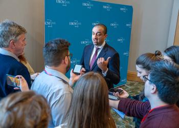 Housing Minister Ravi Kahlon speaks to reporters at the UBCM Housing Summit 2024.