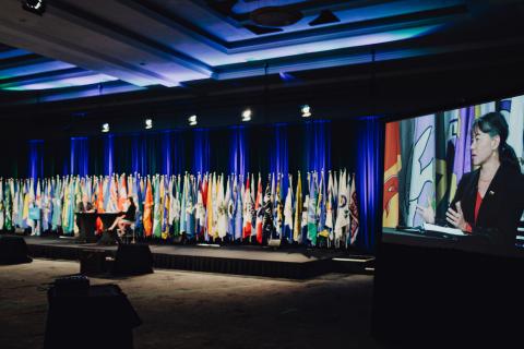 Convention stage with flag poles 