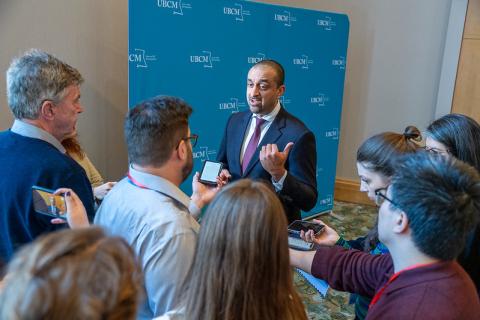 Housing Minister Ravi Kahlon speaks to reporters at the UBCM Housing Summit 2024.